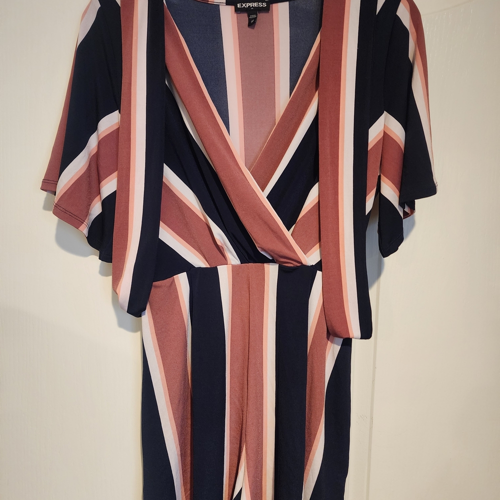 Express Women's Striped Jumpsuit - Navy and Pink